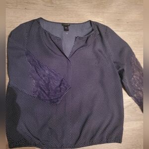 Navy Blue Black Polka Dot Lace Sleeve Women's Anne Taylor Top Size Medium